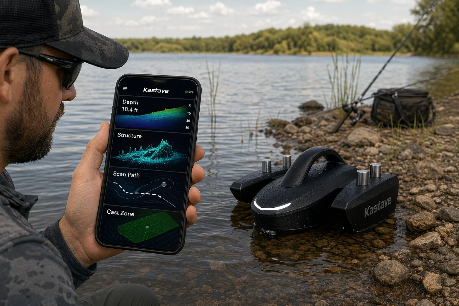 Angler checking Kastave scan output beside the water