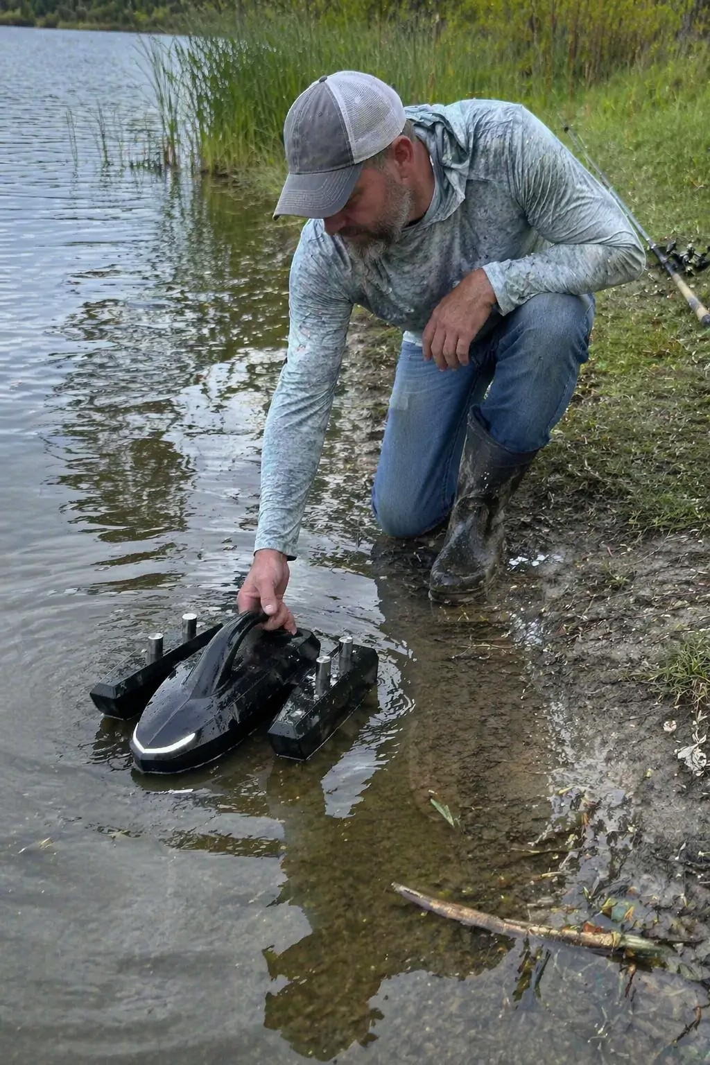 Angler placing Kastave into shallow shoreline water