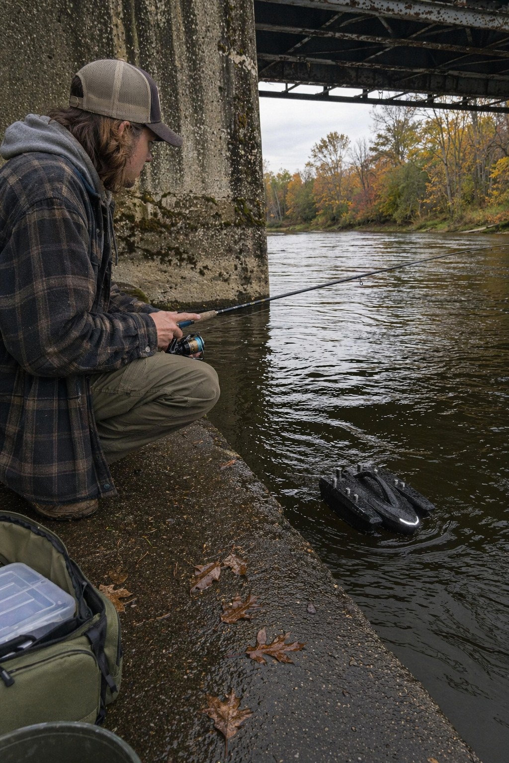 Angler using Kastave beside bridge structure and deeper water