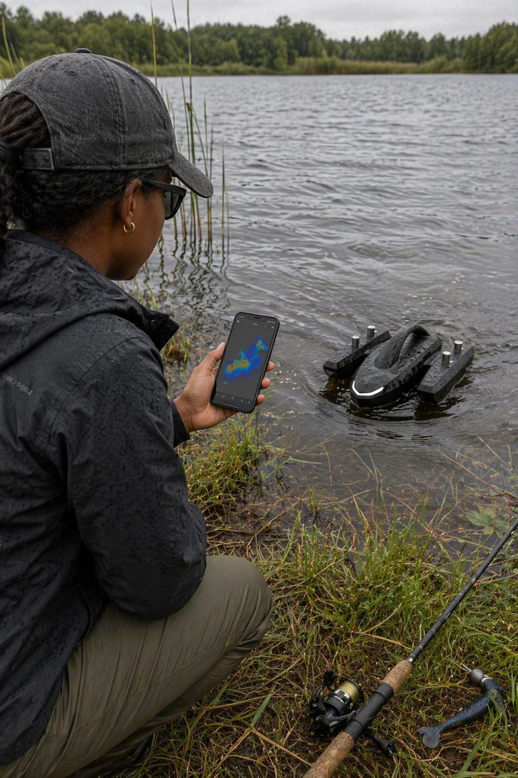 Angler monitoring a Kastave scan from a phone beside the lake