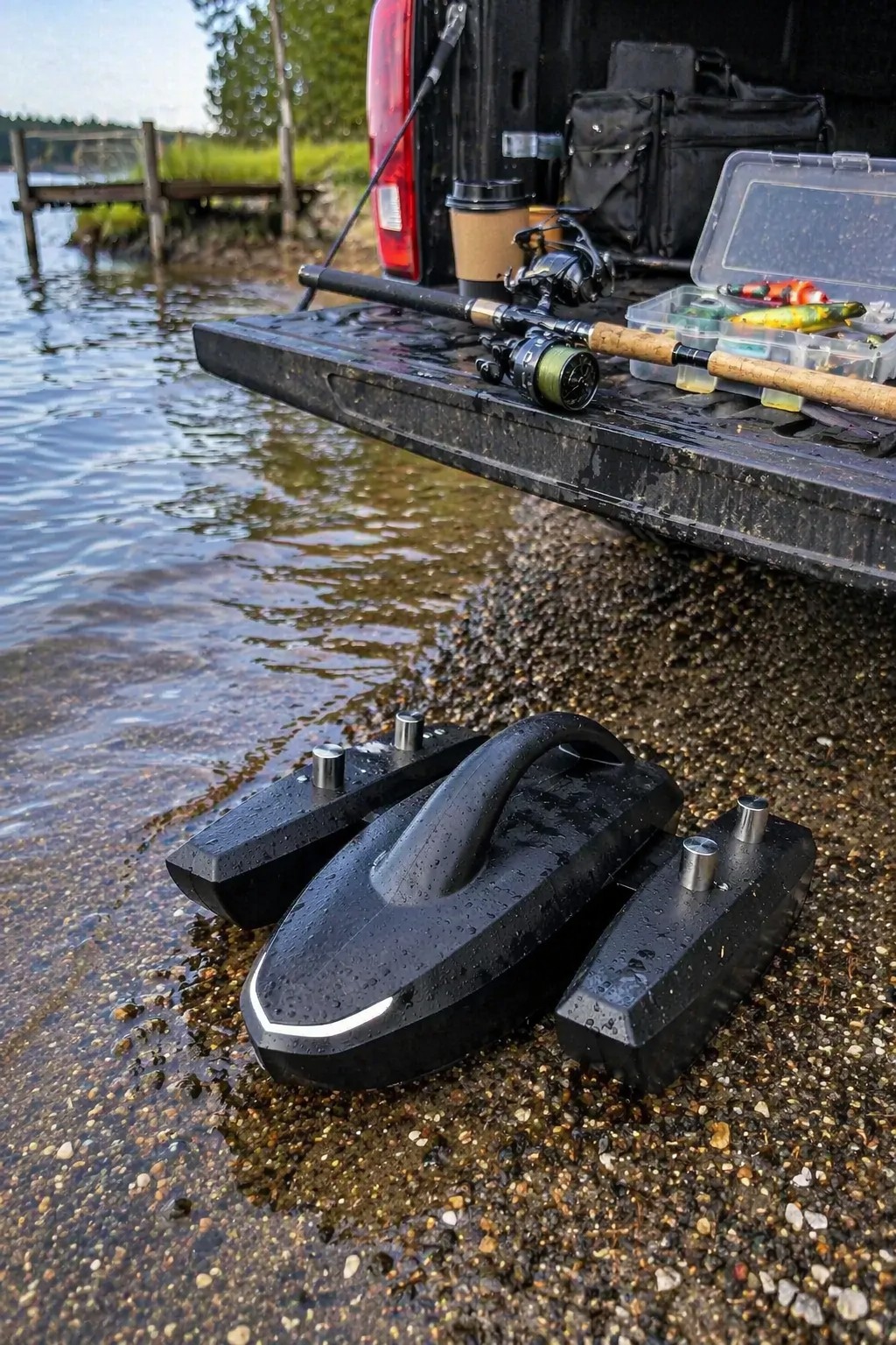 Kastave prepared by a truck tailgate before a lake scouting session