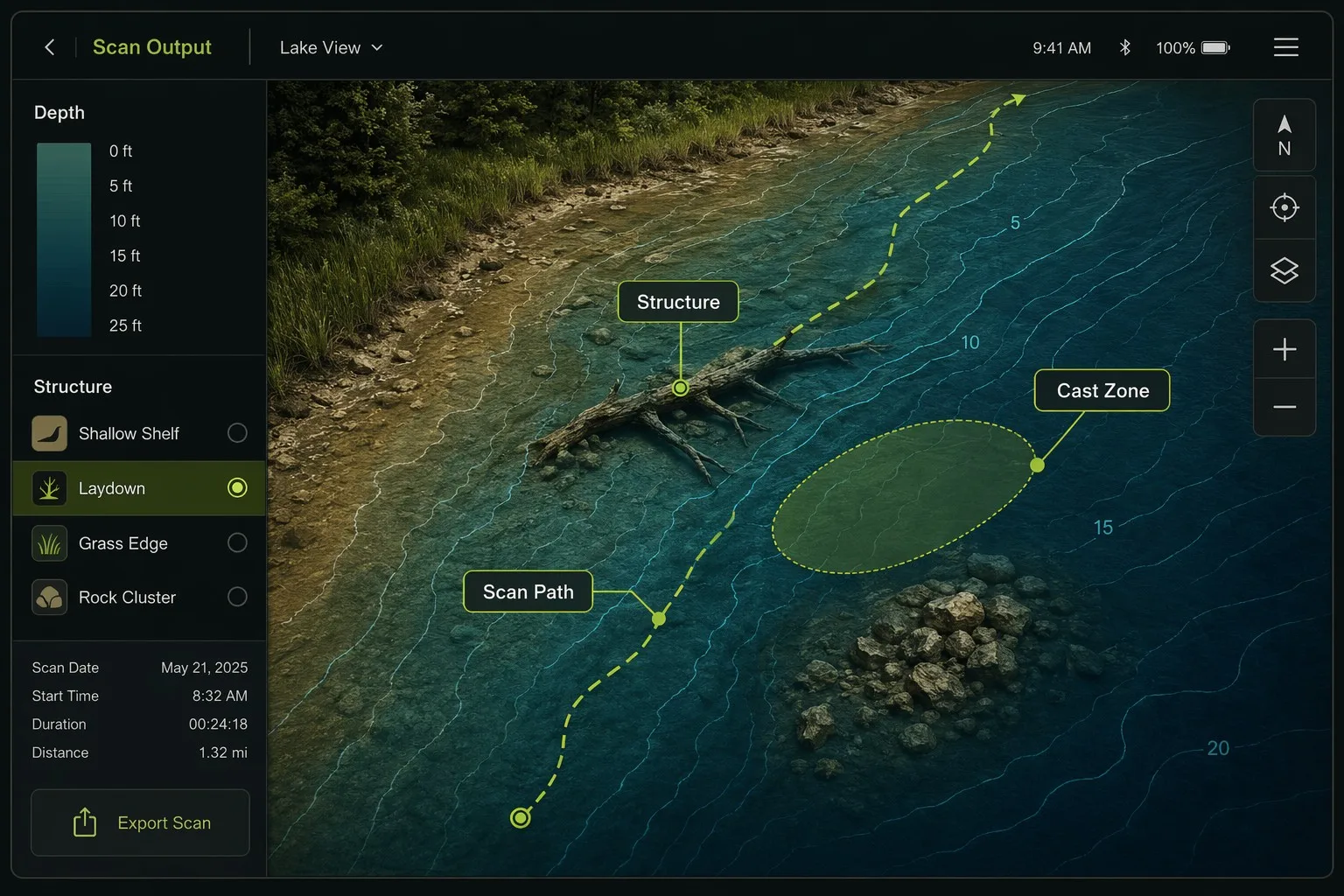 Kastave scan output showing depth contours, structure and cast zone guidance
