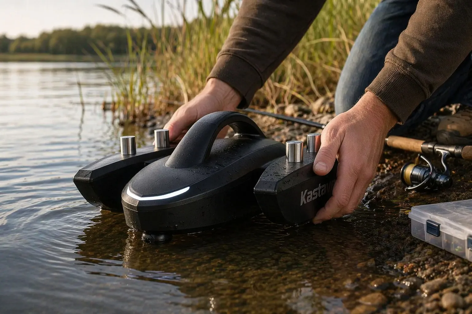 Hands placing Kastave into shallow shoreline water before scanning