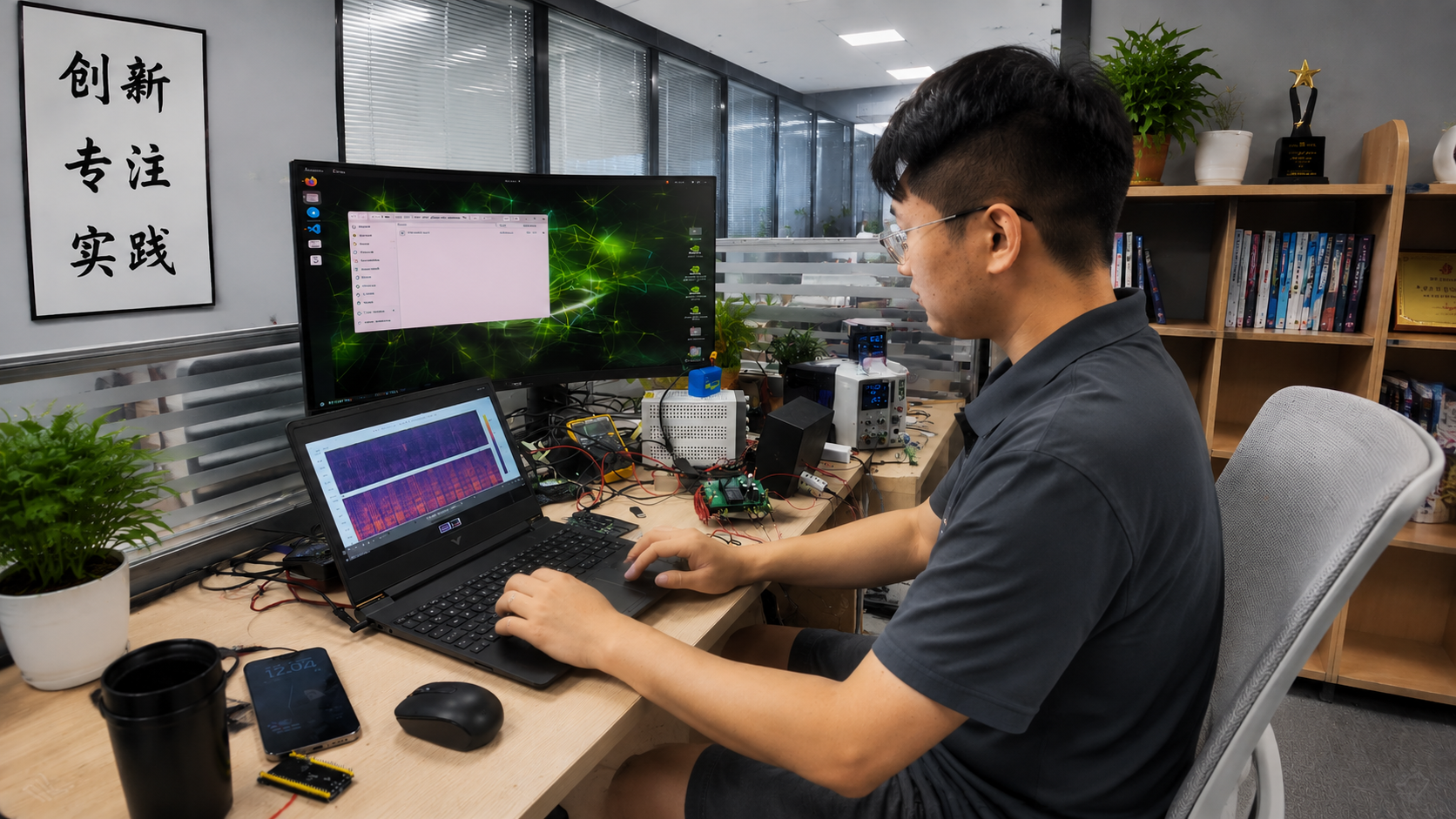 William Liu working with sonar prototype hardware